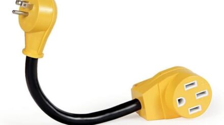 Camco RV Dogbone Electrical Adapter with Innovative 180 Degree Bend Design and PowerGrip Handle - 15 Amp Male to 50 Amp Female, 12