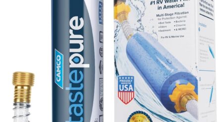 Camco Tastepure RV Water Filter - Advanced RV Inline Water Filter with Flexible Hose Protector